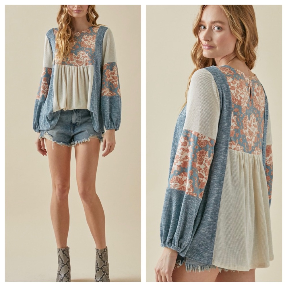 #24 Long Sleeves Color Block Boho Chic Floral Top - Picture 3 of 5